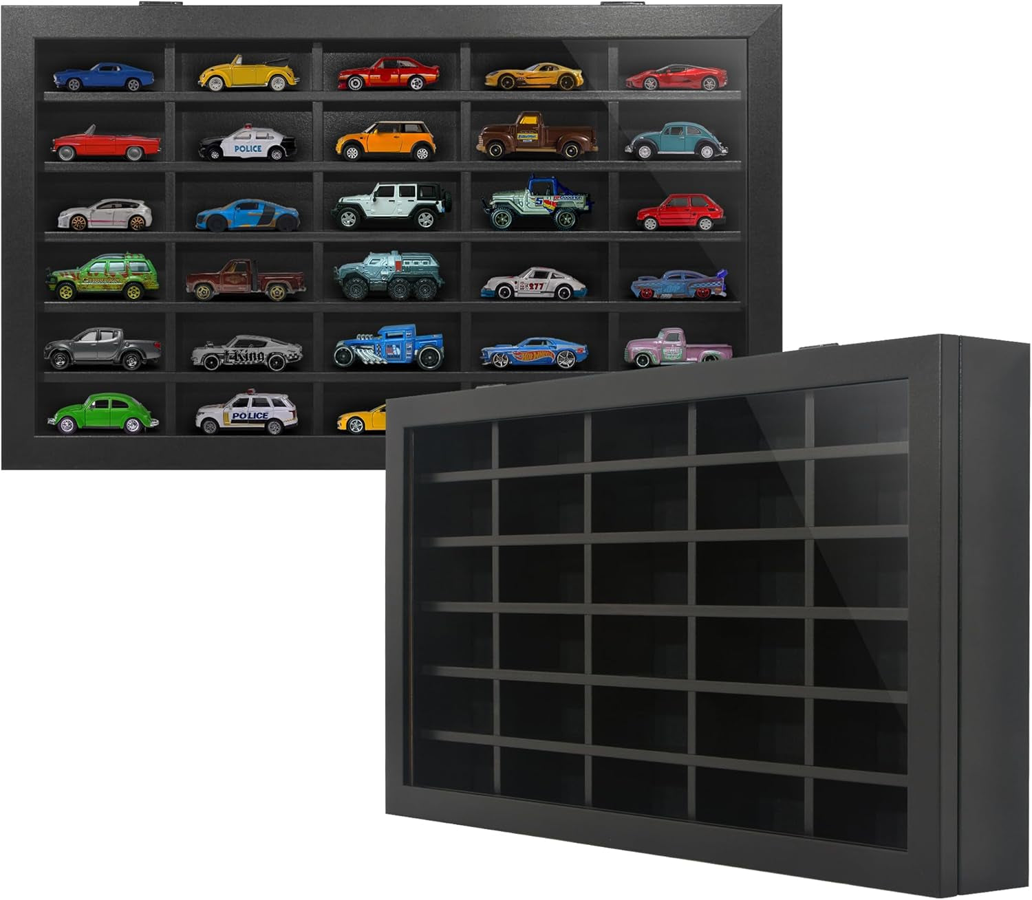 11X18 Toy Car Display Case - Holds up to 30 Cars - Model Car Displays with Removable Shelves and Shatter-Resistant Glass - Wall Mounted Display Cases for Collectibles - Black