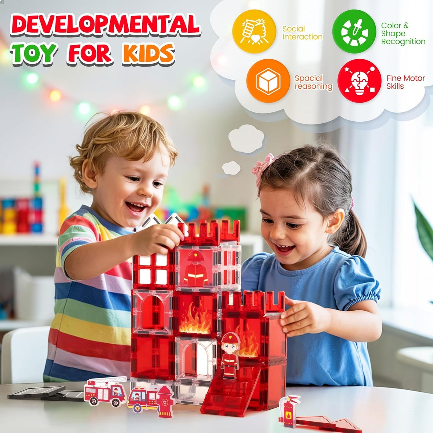 Magnetic Tiles Firefighter Set, Magnetiles with Firefighter, Magnetic Tiles for Kids Ages 4-8, STEM Toys, Magnet Blocks for Boys and Girls, Creative Building Toys, Firefighter