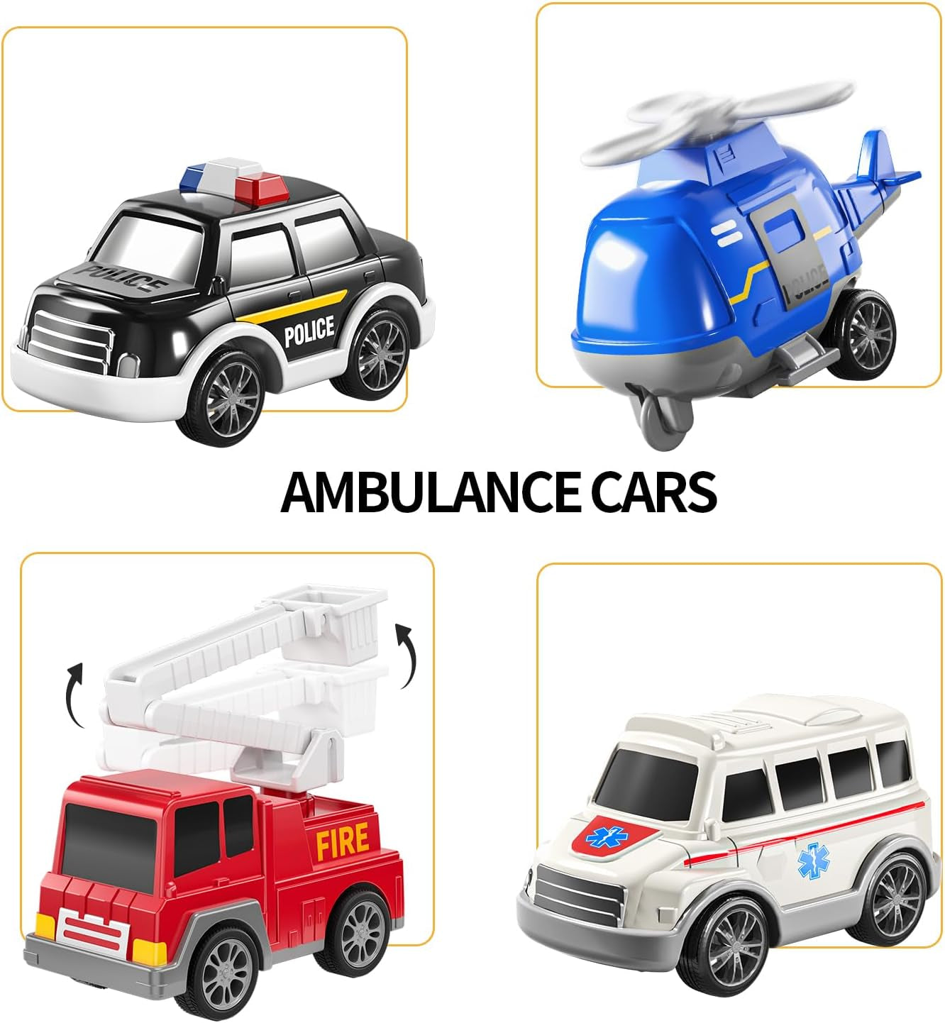 5 Pack Ambulance Vehicle Toddler Truck Toys for 3 4 5 6 Year Old Boys, Friction Powered Cars with Toy Helicopter, Police Car, Fire Truck, Ambulance Car, Birthday Gifts for Girls Age 3-9