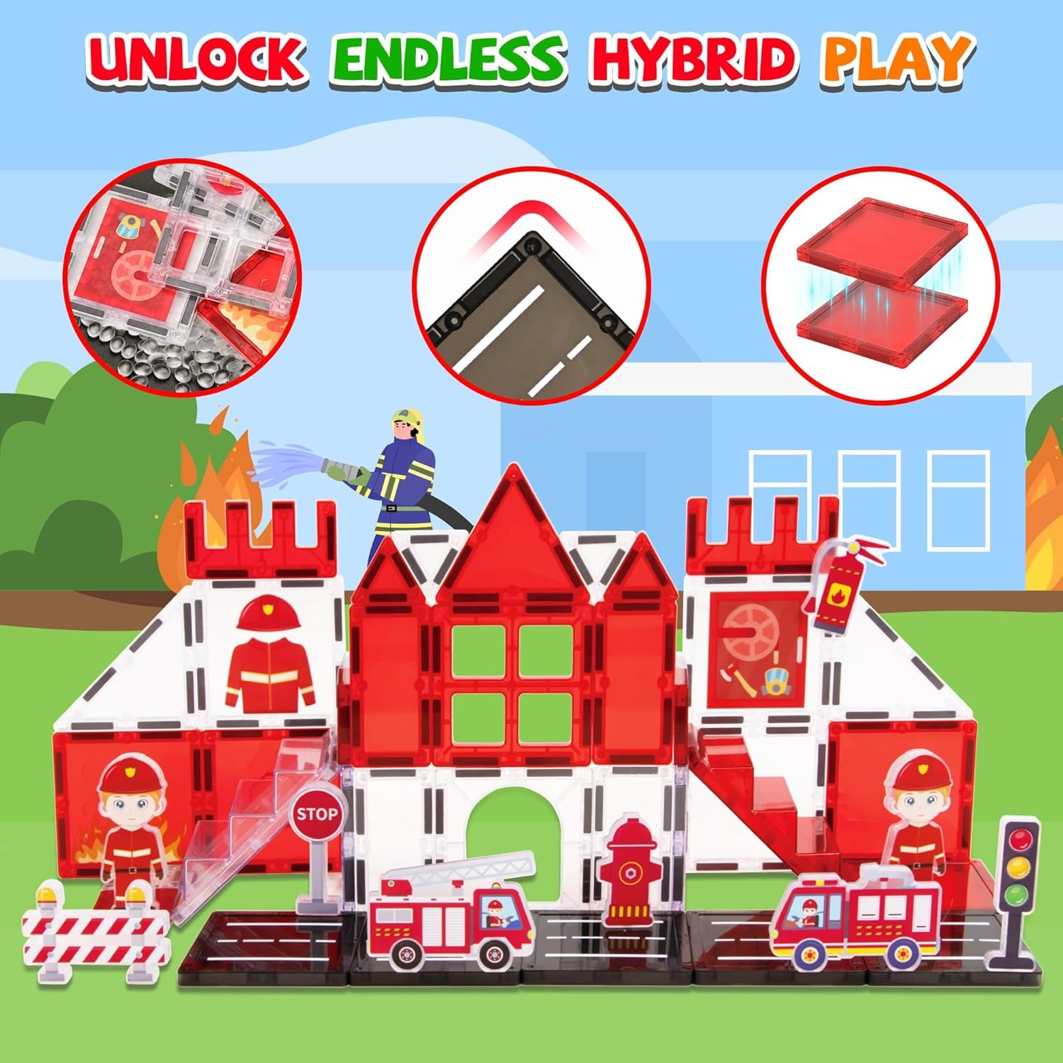 Magnetic Tiles Firefighter Set, Magnetiles with Firefighter, Magnetic Tiles for Kids Ages 4-8, STEM Toys, Magnet Blocks for Boys and Girls, Creative Building Toys, Firefighter