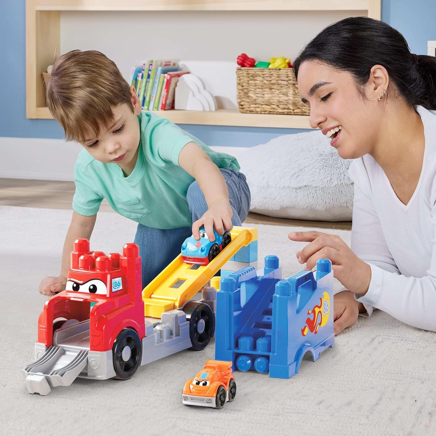 First Builders Toddler Building Blocks Toy Set, Build & Race Rig with 19 Pieces, 2 Race Cars and Storage, Red, Ages 1+ Years