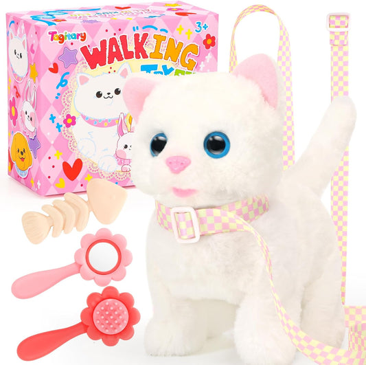 Plush Toys Electronic Toy Cat That Walking and Meowing,Tail Wagging Interactive Toy Cat for Kids with Leash,Easter Christmas Birthday Gift for Toddlers Kids