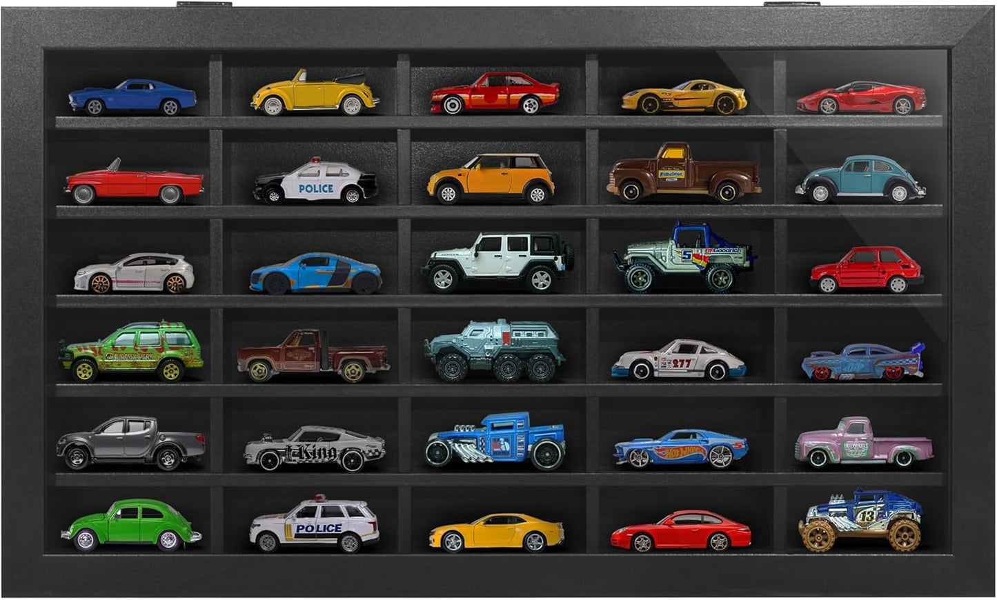 11X18 Toy Car Display Case - Holds up to 30 Cars - Model Car Displays with Removable Shelves and Shatter-Resistant Glass - Wall Mounted Display Cases for Collectibles - Black