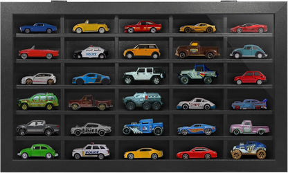 11X18 Toy Car Display Case - Holds up to 30 Cars - Model Car Displays with Removable Shelves and Shatter-Resistant Glass - Wall Mounted Display Cases for Collectibles - Black