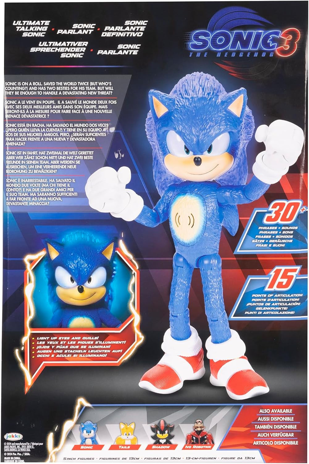 3 Ultimate Talking Sonic 12-Inch Figure, Features 30+ Iconic and Humorous Phrases and Sounds from the Movies, Light-Up Eyes and Quills
