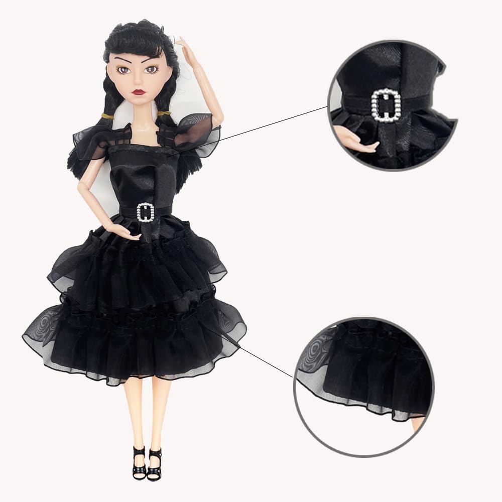 11.5 Inches Addams Dolls, Addams Toys with Black Dresses, Long Sleeve Dots, and Made to Move Features. Ideal Christmas Birthday Gifts for Kids, Girls, and Fans (B1)