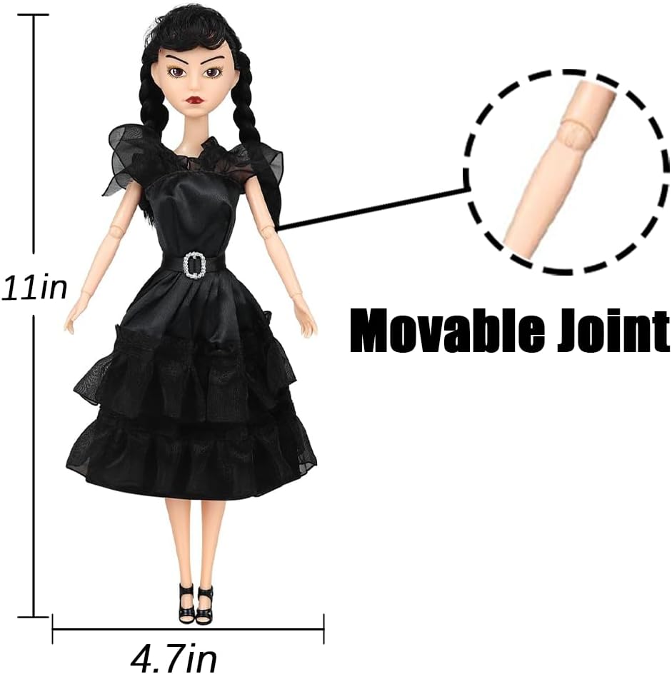 11.5 Inches Addams Dolls, Addams Toys with Black Dresses, Long Sleeve Dots, and Made to Move Features. Ideal Christmas Birthday Gifts for Kids, Girls, and Fans (B1)