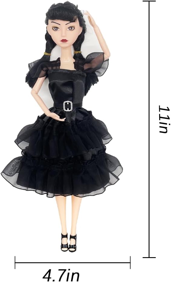 11.5" Addams Doll with Gift Box, Black Dress, High Heels and Hair, Perfect Christmas and Birthdays Toy Gift for Girls and Fans（B1）