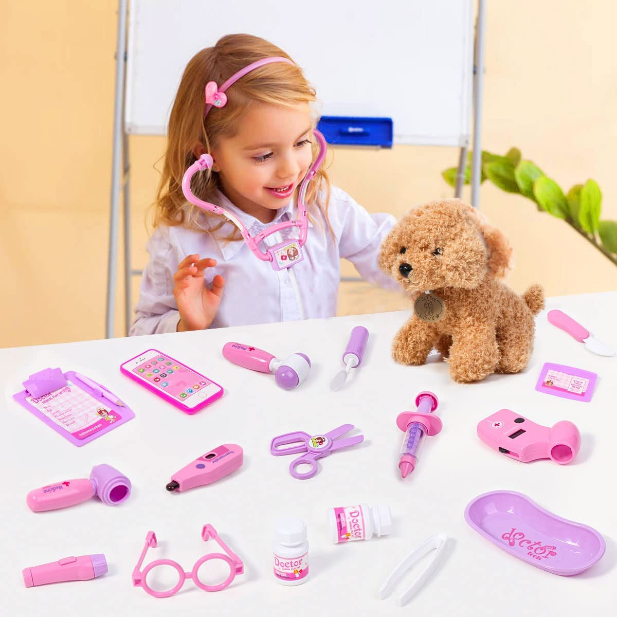 Toy Doctor Kit for Girls - Pretend Play Doctor Set with Dog Toy, Carrying Bag, Stethoscope Toy & Dress up Costume - Doctor Play Gift for Kids Toddlers Ages 3 4 5 6 Year Old for Role Play