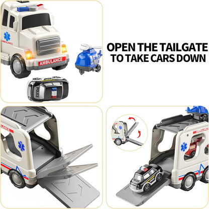 5 Pack Ambulance Vehicle Toddler Truck Toys for 3 4 5 6 Year Old Boys, Friction Powered Cars with Toy Helicopter, Police Car, Fire Truck, Ambulance Car, Birthday Gifts for Girls Age 3-9