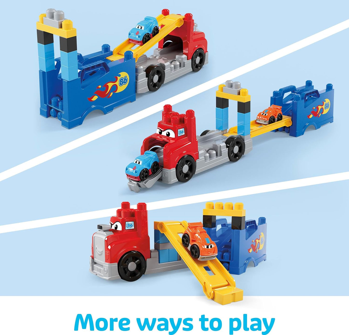 First Builders Toddler Building Blocks Toy Set, Build & Race Rig with 19 Pieces, 2 Race Cars and Storage, Red, Ages 1+ Years