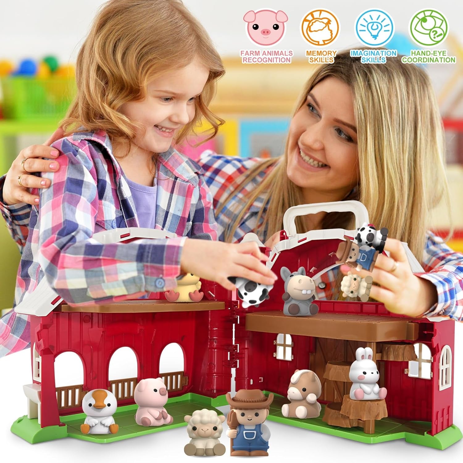 Toys for 1 2 3 Years Old Boys and Girls, Big Barn Toy with Farm Animal, Preschool Montessori Toy, Farm Playset with Big Red Barn & Farmer, Easter Gift Toy for Toddlers