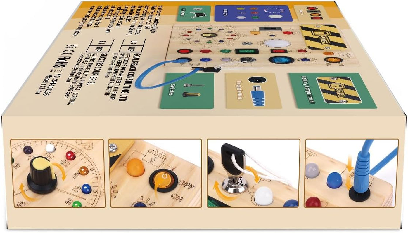Busy Board, Montessori Toy for 1-3 Years Old, Wooden Toddler Sensory Travel Toy, Ideal Gift for 1+ Year Old Boys (Busy Board plus V2), Medium, Yellow