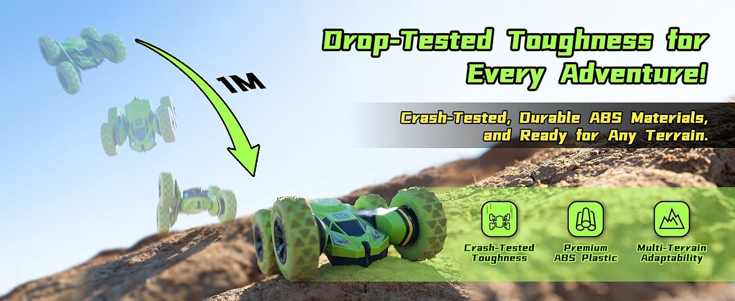 Threeking Remote Control Car RC Cars RC Stunt Car Toy with Lights Double-Sided Driving Indoor Outdoor Toys Gifts Presents for 6 7 8 9 10 11 12 Year Old Kids Boys Girls,Green