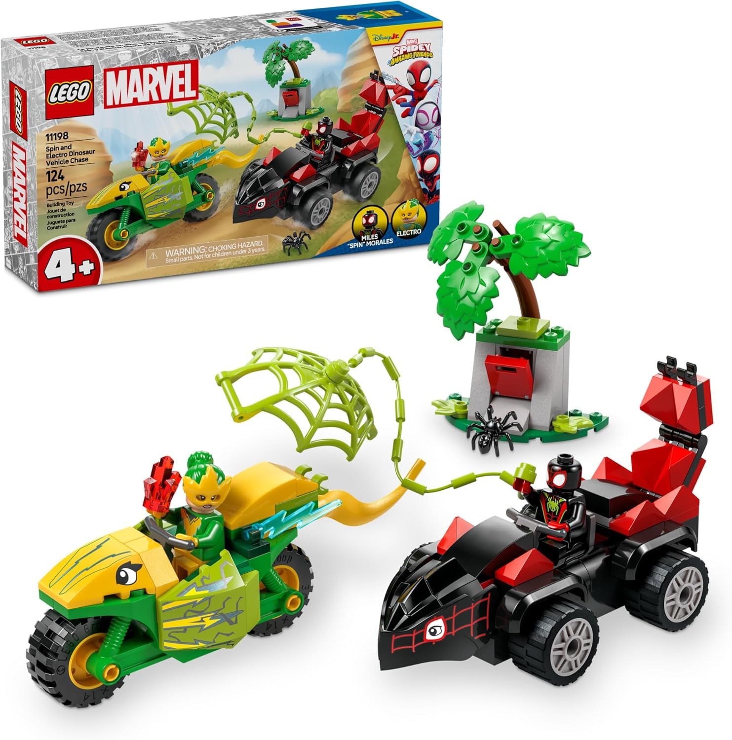 Marvel Spidey and His Amazing Friends Spin and Electro Dinosaur Vehicle Chase - Car and Motorcycle Preschool Building Toy for Kids, Boys and Girls, Ages 4+ - Gift Idea for Birthdays - 11198