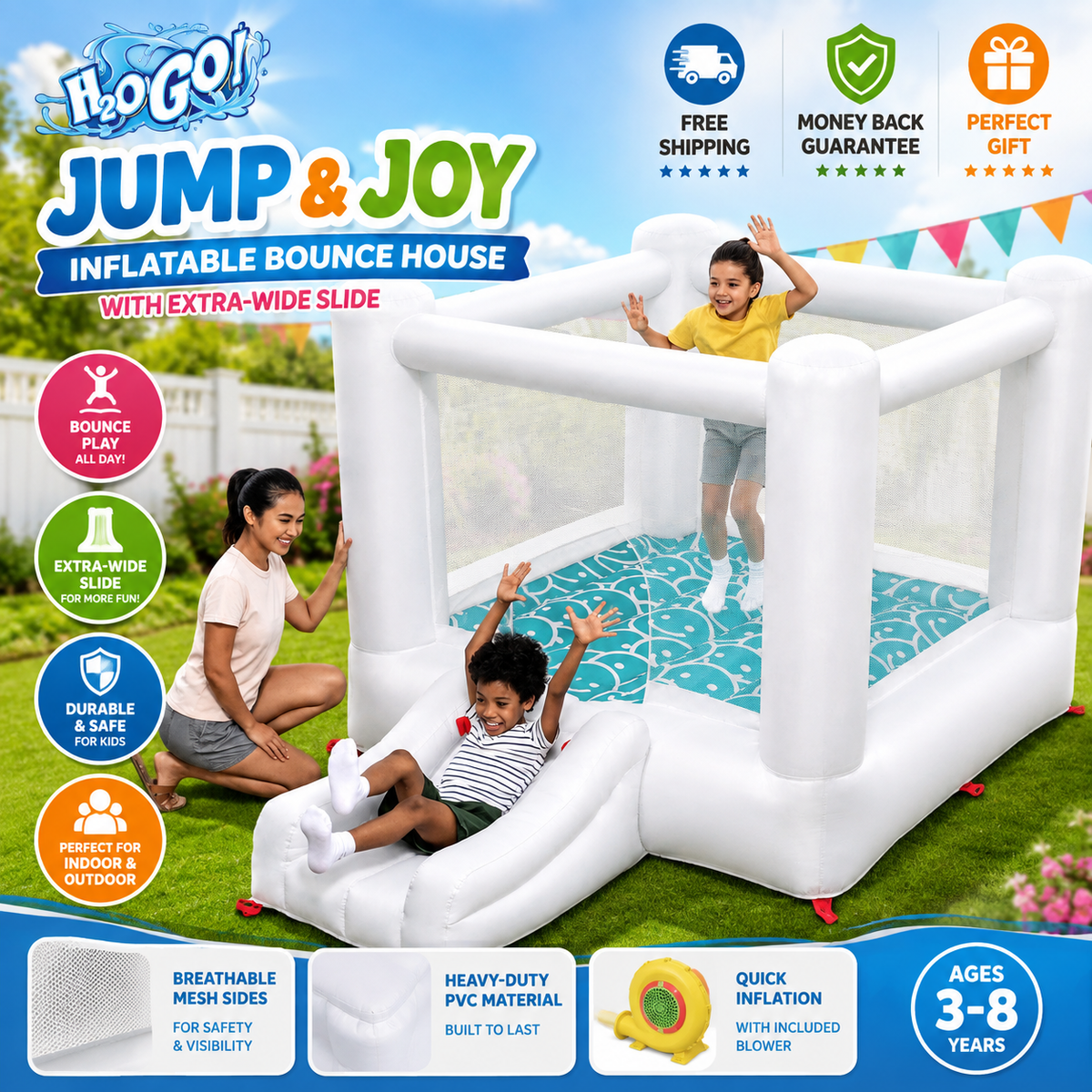 H2OGO Jump and Joy Kids Bounce House with blower and extra wide slide