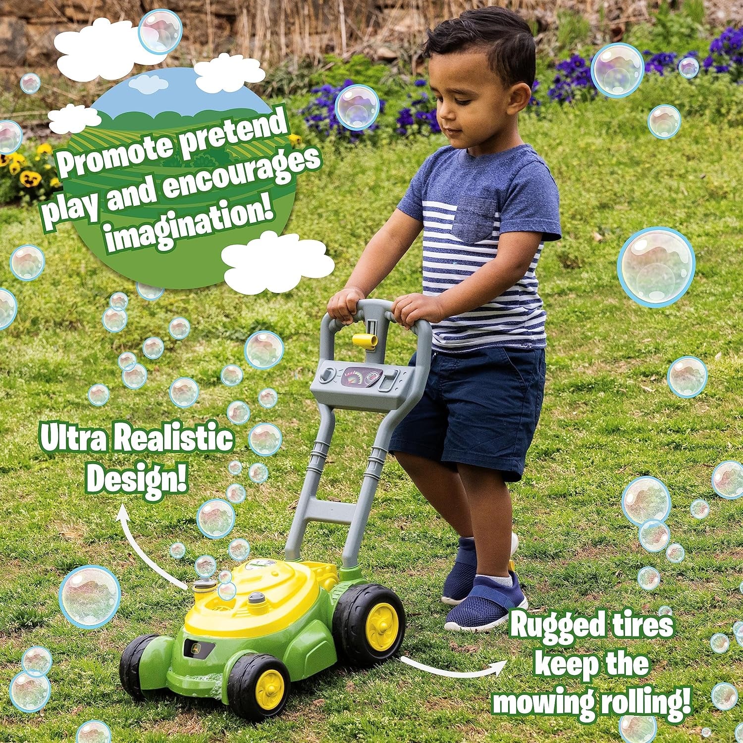 Bubble Lawn Mower for Toddlers, Bubble Blowing Machines, Indoor and Outdoor Gardening Toy, Birthday, Party Favor for Preschool Girls and Boys, No Batteries Required, 2+