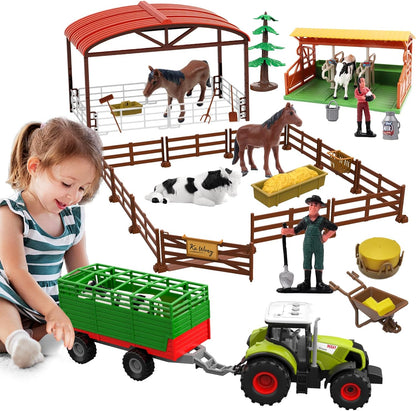 Farm Animal Toys Set,69 Pcs Farm Toys with Tractor with Trailer,Horse Stable Grain Bins Horse Cow Farmer Figures Fence Playset for Kids Toddlers Boy Girl 3-12 Years Old
