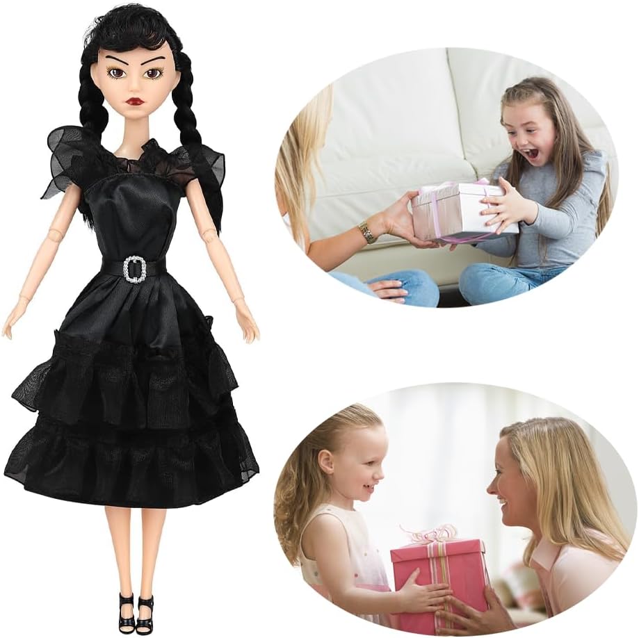 11.5" Addams Doll with Gift Box, Black Dress, High Heels and Hair, Perfect Christmas and Birthdays Toy Gift for Girls and Fans（B1）