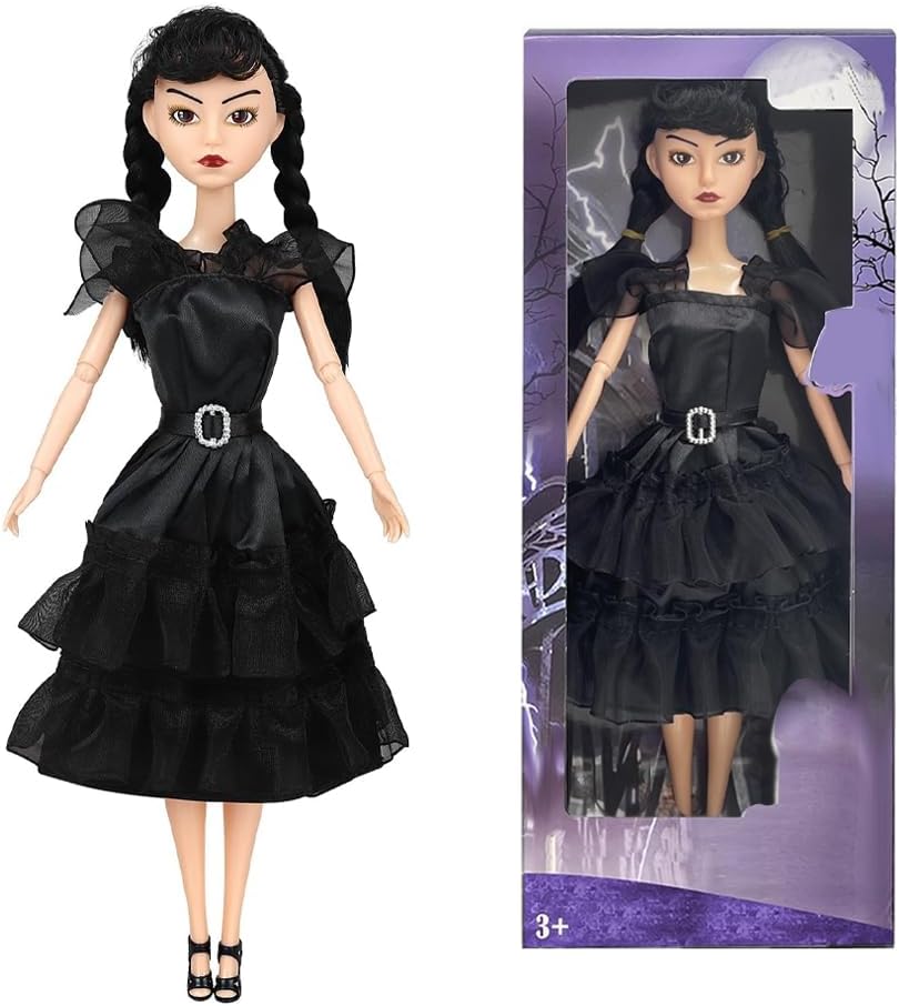 11.5" Addams Doll with Gift Box, Black Dress, High Heels and Hair, Perfect Christmas and Birthdays Toy Gift for Girls and Fans（B1）