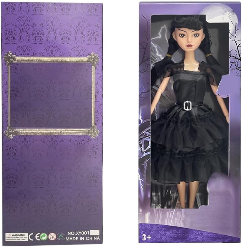 11.5 Inches Addams Dolls, Addams Toys with Black Dresses, Long Sleeve Dots, and Made to Move Features. Ideal Christmas Birthday Gifts for Kids, Girls, and Fans (B1)