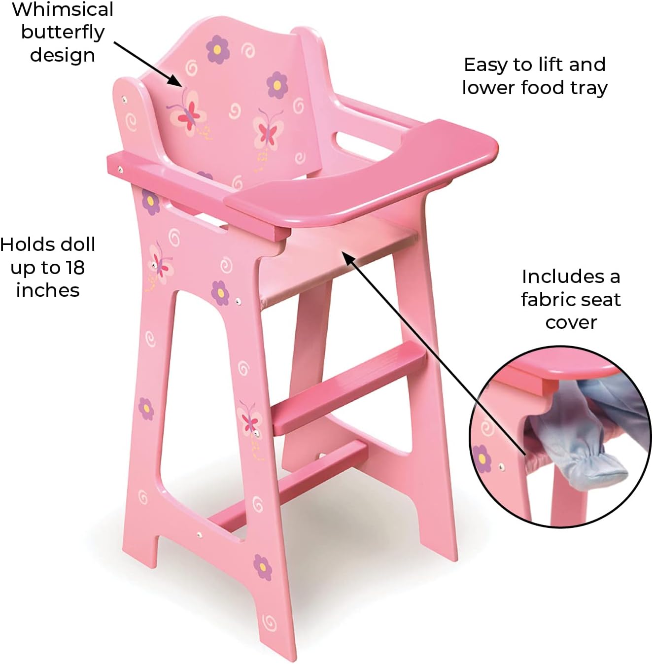 Badger Basket Blossoms and Butterflies Doll High Chair for 18 Inch Dolls – Adjustable Tray for Mealtime Play