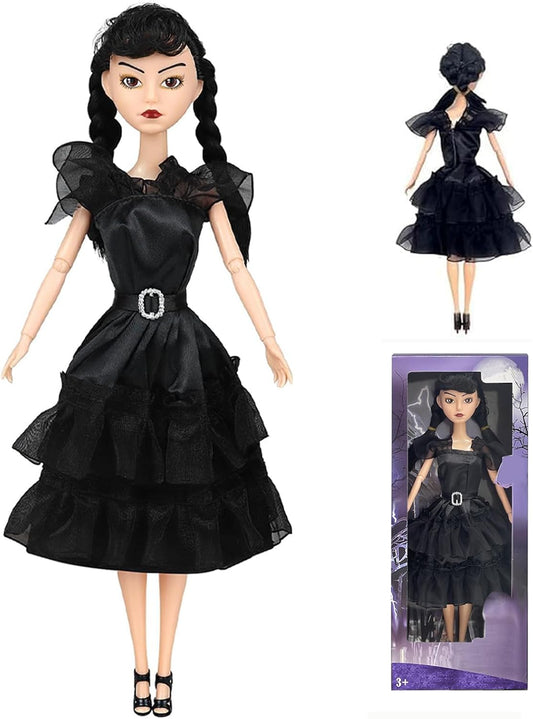11.5" Addams Doll with Gift Box, Black Dress, High Heels and Hair, Perfect Christmas and Birthdays Toy Gift for Girls and Fans（B1）