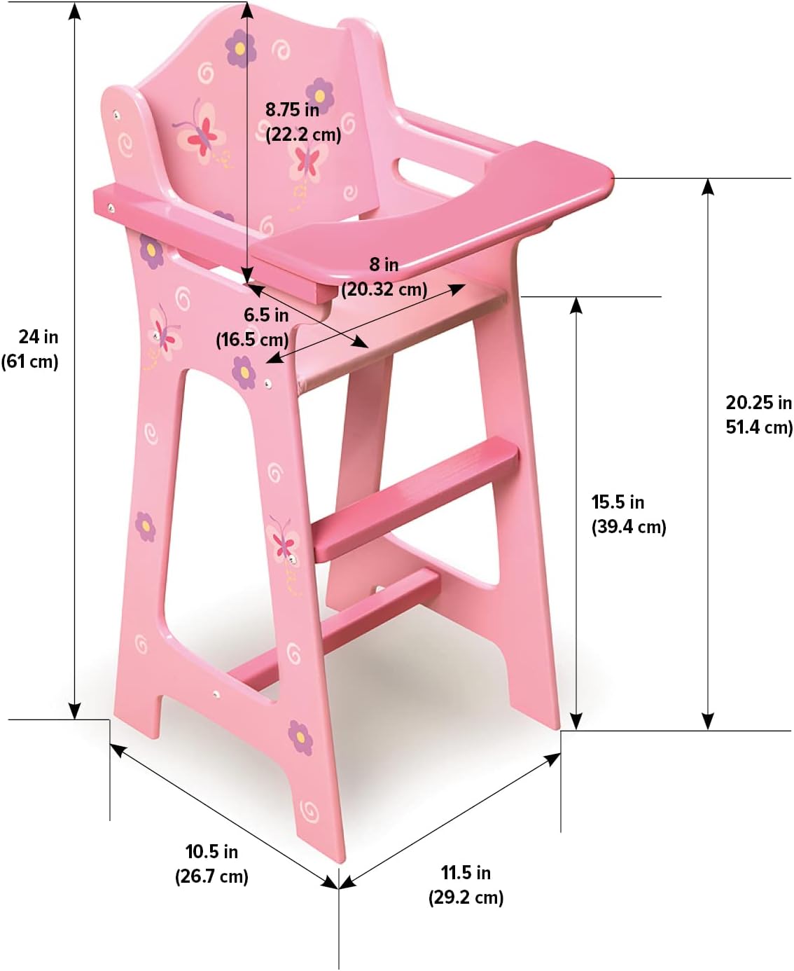 Badger Basket Blossoms and Butterflies Doll High Chair for 18 Inch Dolls – Adjustable Tray for Mealtime Play