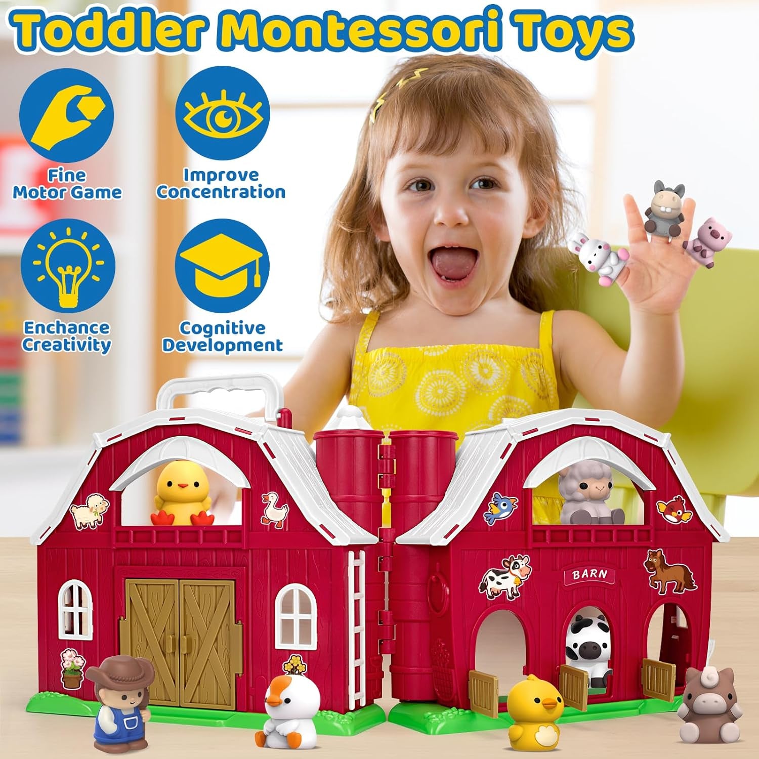 Toys for 1 2 3 Years Old Boys Girls, Big Red Barn Farm Animal Playset for Boys Girls, Learning Montessori Toys, Christmas Birthday Easter Gift for Baby Kids Toddlers Age 12-18 Months
