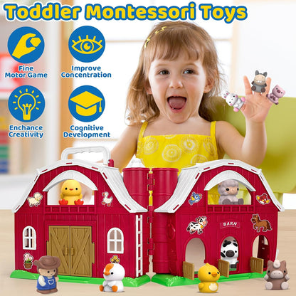 Toys for 1 2 3 Years Old Boys Girls, Big Red Barn Farm Animal Playset for Boys Girls, Learning Montessori Toys, Christmas Birthday Easter Gift for Baby Kids Toddlers Age 12-18 Months