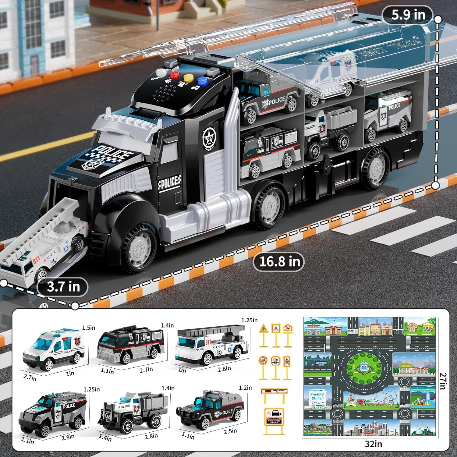 Police Trucks Toy Set with Play Mat, Carrier Truck Play Vehicles Set for 3 4 5 6 Years Old Boys Kids, Die-Cast Car Toy for Toddlers 3-4 Years, Birthday Gifts Toys for 3-9 Year Old Boys