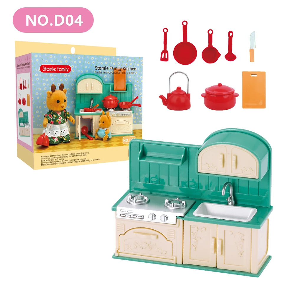 1:12 Miniature Furniture Forest Family Kitchen Toy Dining Table Dollhouse Accessories Bathroom Pretend Play for Girl Gifts Toys
