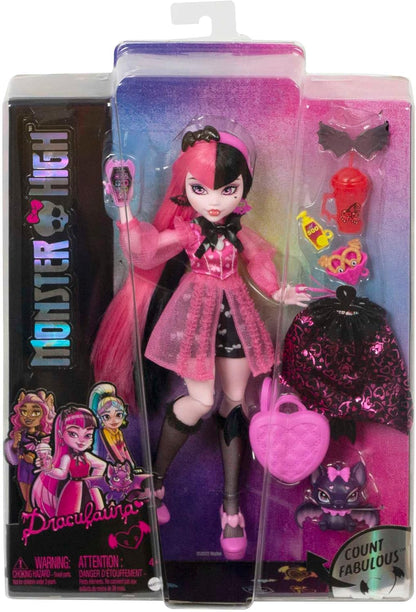 Monster High Doll, Draculaura with Pink & Black Hair in Signature Look with Fashion Accessories & Pet Bat Count Fabulous
