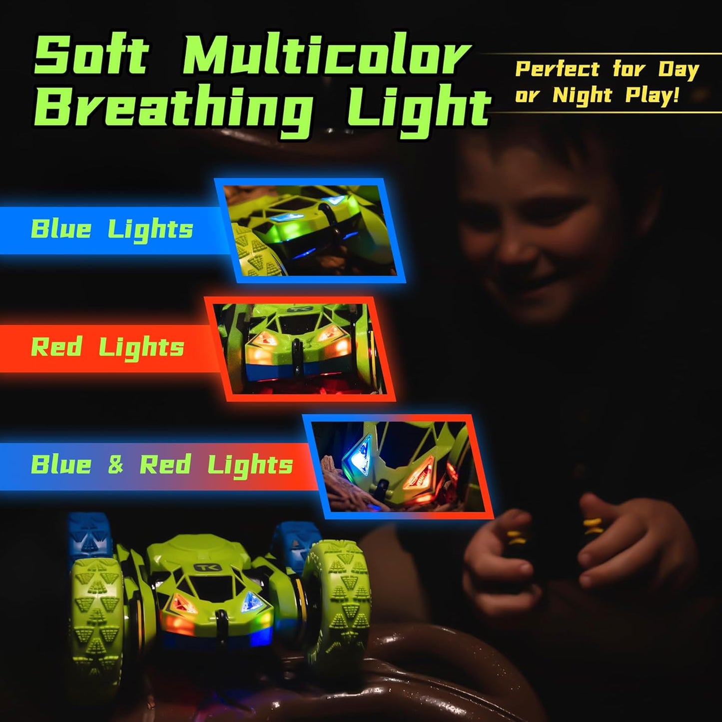 Threeking Remote Control Car RC Cars RC Stunt Car Toy with Lights Double-Sided Driving Indoor Outdoor Toys Gifts Presents for 6 7 8 9 10 11 12 Year Old Kids Boys Girls,Green