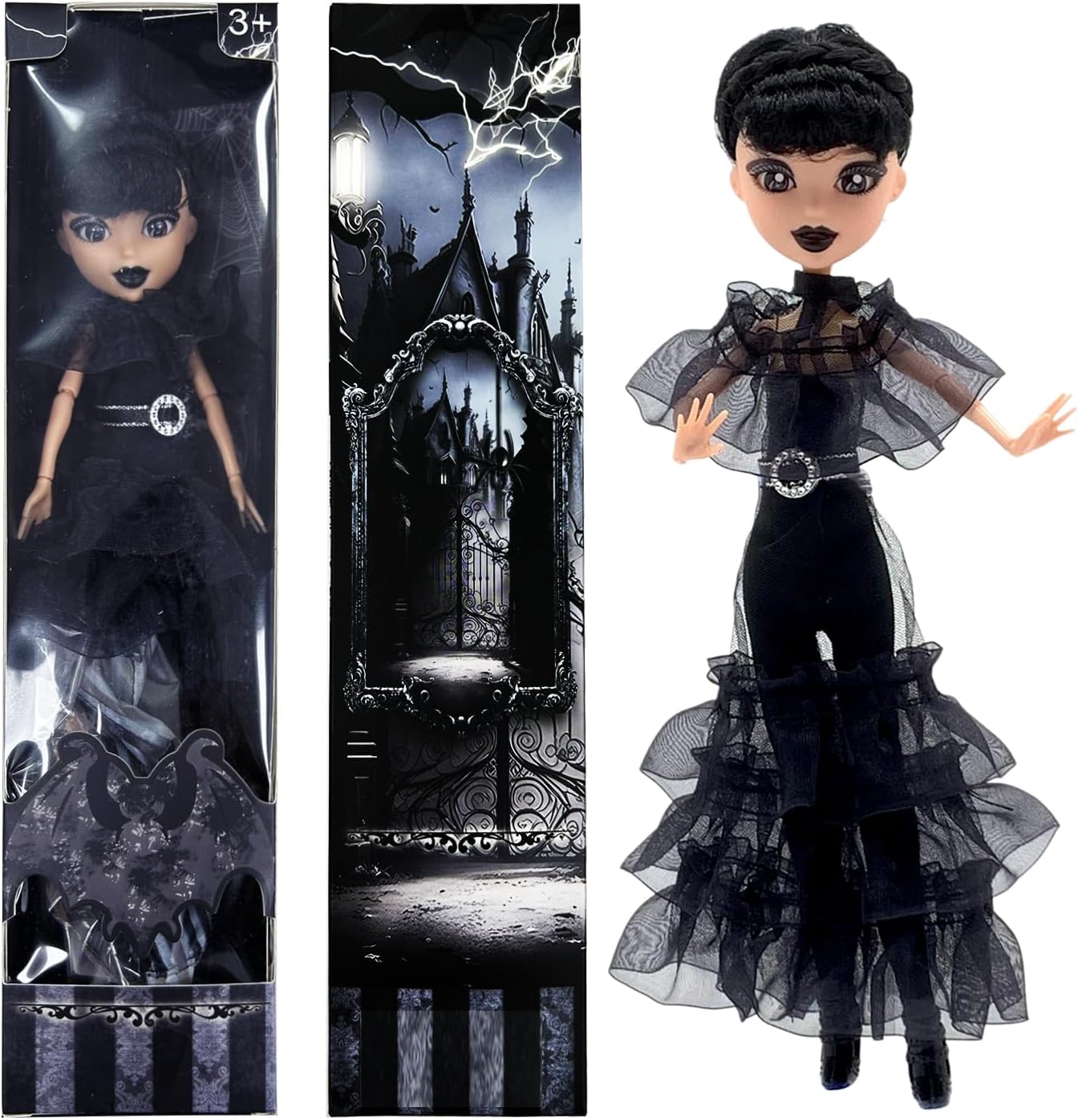 9'' Addams Doll with Gift Box, High Heels, Black Dress, and Hair, Perfect Christmas and Birthdays Toy Gift for Girls & Fans(New A)