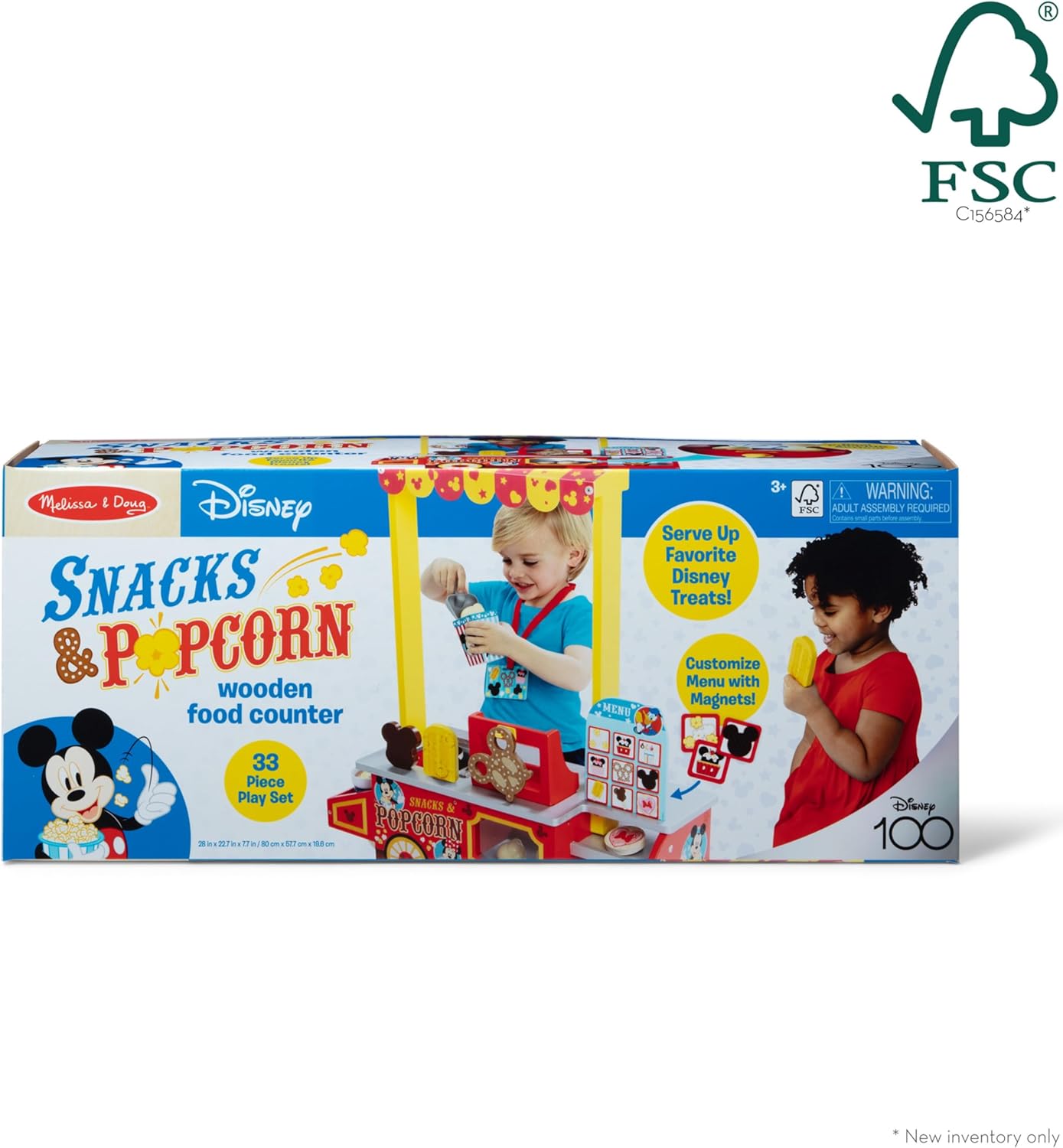 Melissa & Doug Disney Snacks & Popcorn Wooden Pretend Play Food Counter – 33 Pieces - FSC-Certified Materials