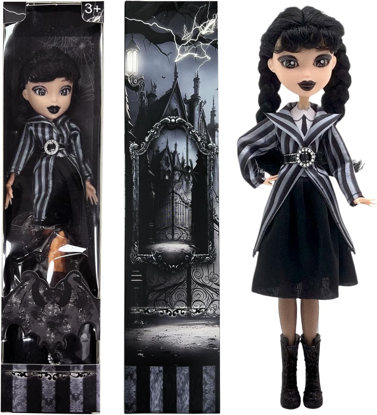9''Addams Doll,Long Sleeve Dots Dress,Red Lips,Made to Move Addams Dolls,Birthday Gifts for Kids Girls Fans (Striped Skirt)
