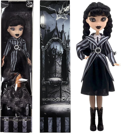9''Addams Doll,Long Sleeve Dots Dress,Red Lips,Made to Move Addams Dolls,Birthday Gifts for Kids Girls Fans (Striped Skirt)