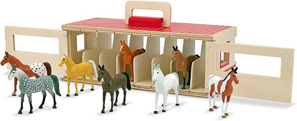 Melissa & Doug Take-Along Show-Horse Stable Play Set– Pretend Play Wooden Barn Toy with 8 Horse Toys & Carrying Case, Portable Preschool Travel Toys for Kids Ages 3+