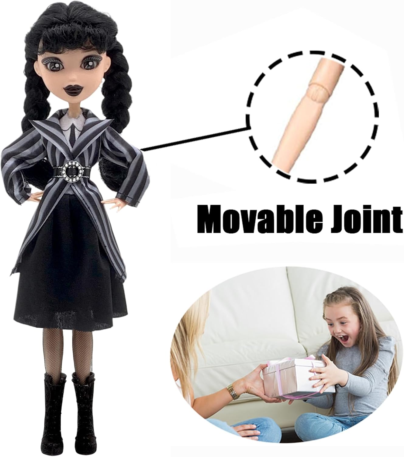 9''Addams Doll,Long Sleeve Dots Dress,Red Lips,Made to Move Addams Dolls,Birthday Gifts for Kids Girls Fans (Striped Skirt)
