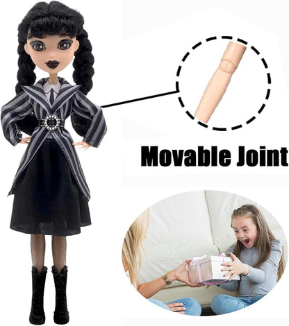 9''Addams Doll,Long Sleeve Dots Dress,Red Lips,Made to Move Addams Dolls,Birthday Gifts for Kids Girls Fans (Striped Skirt)