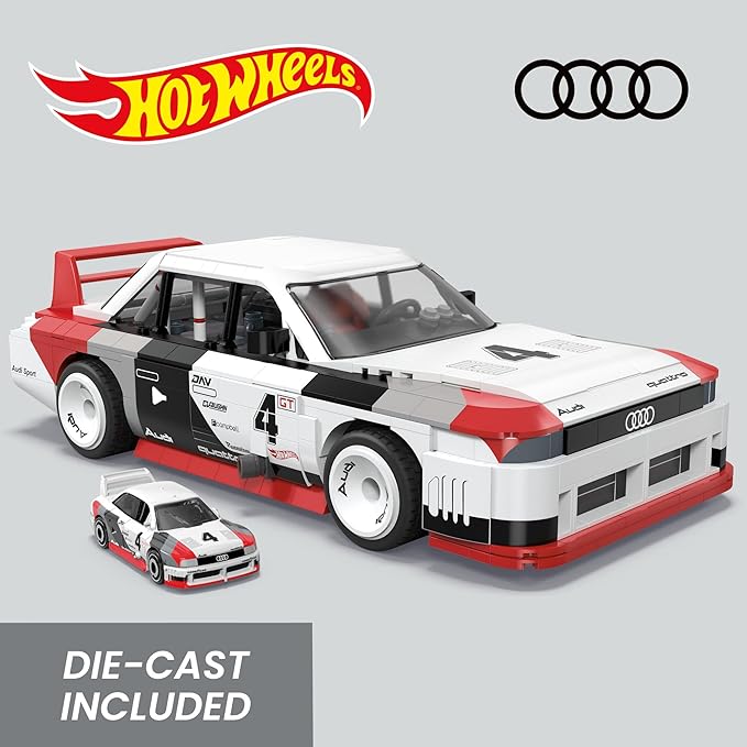 MEGA Hot Wheels Collectible Car Building Toy, Audi 90 Quattro IMSA GTO with 973 Pieces and Die-Cast Model, Build & Display Set for Collectors, Red