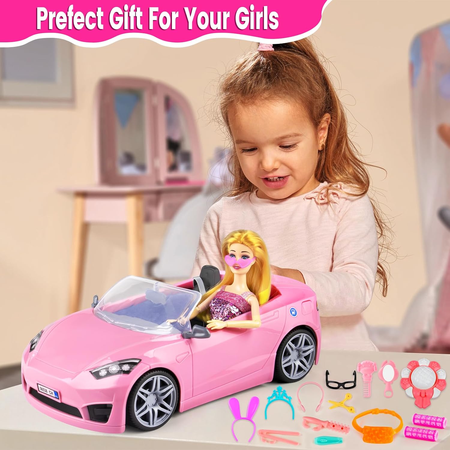 76 Pcs Doll & Convertible Car Playset,Included 11.5 in Doll,Doll Car,Princess Dresses,Fashion Dresses,Casual Clothing,Swimsuits,Bags,Shoes,Doll Playset,Doll Dress up Toys for Girls Kids Toddlers Gifts