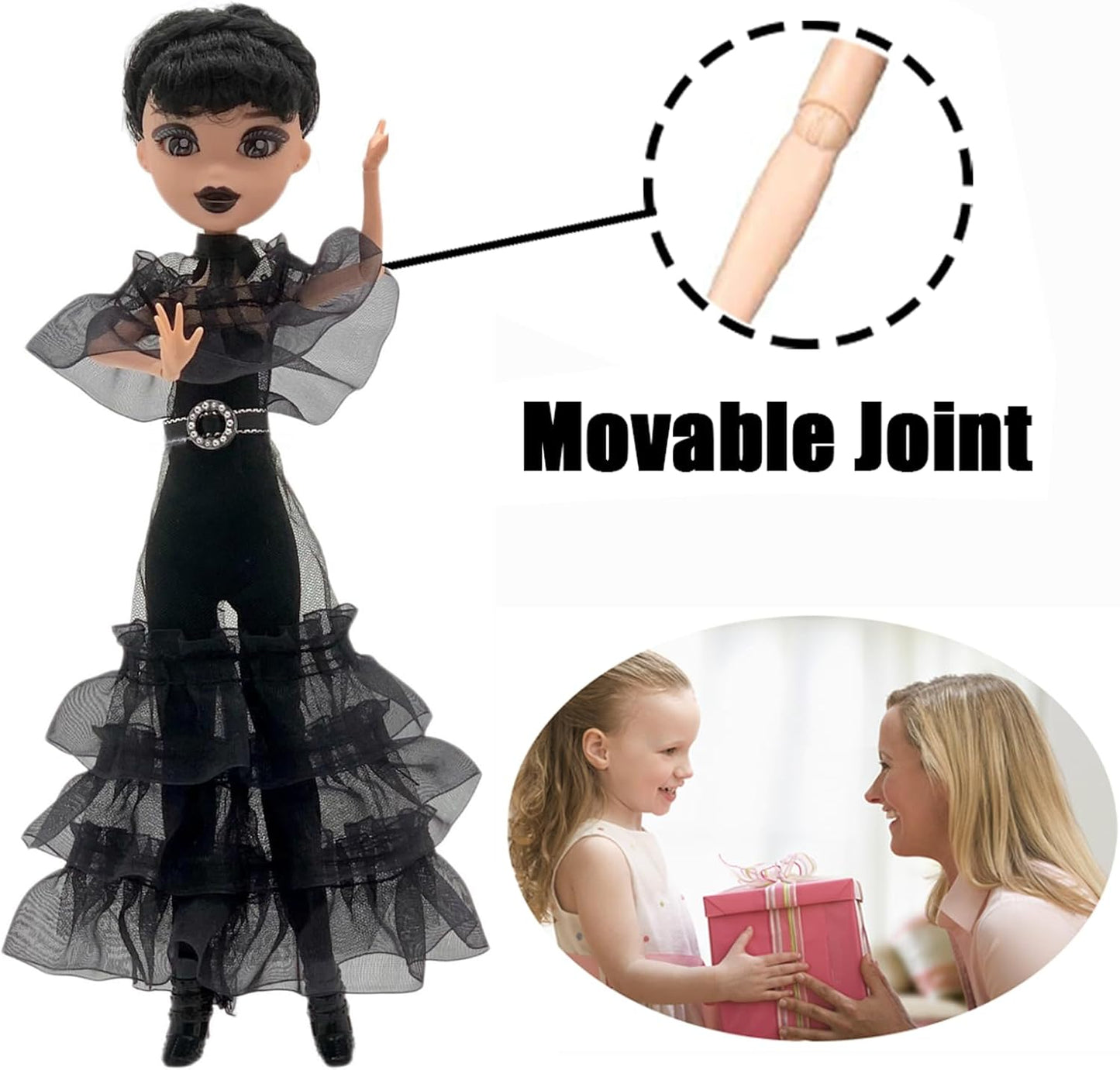 9'' Addams Doll with Gift Box, High Heels, Black Dress, and Hair, Perfect Christmas and Birthdays Toy Gift for Girls & Fans(New A)