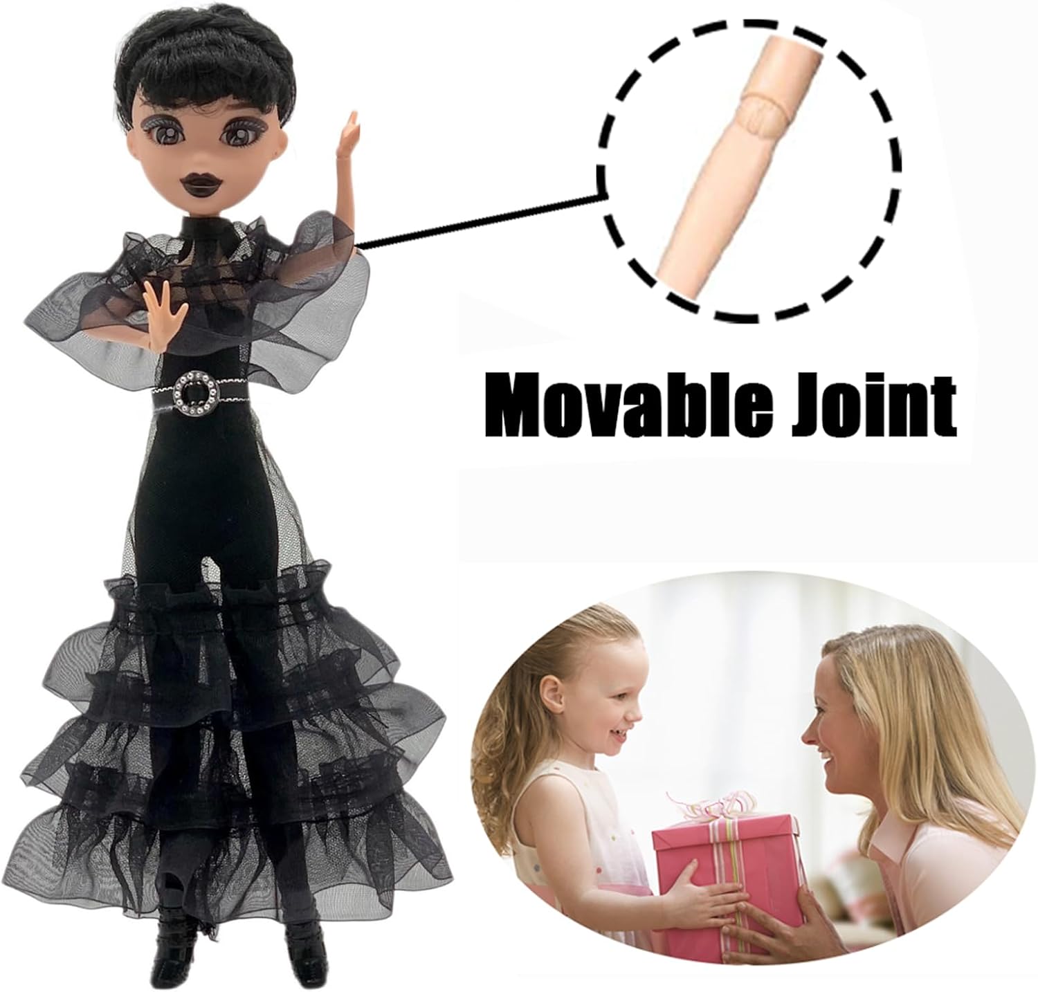9'' Addams Doll with Gift Box, High Heels, Black Dress, and Hair, Perfect Christmas and Birthdays Toy Gift for Girls & Fans(New A)