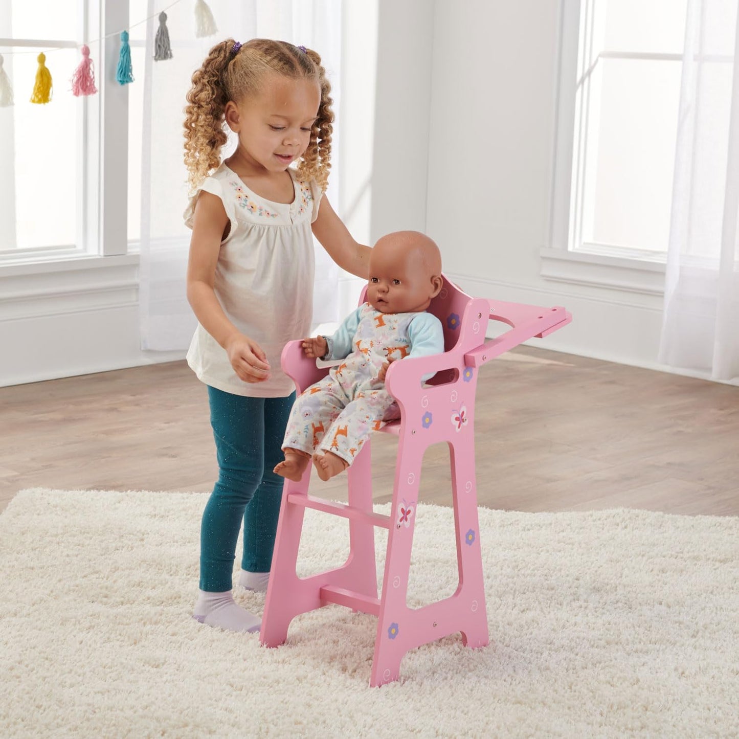 Badger Basket Blossoms and Butterflies Doll High Chair for 18 Inch Dolls – Adjustable Tray for Mealtime Play