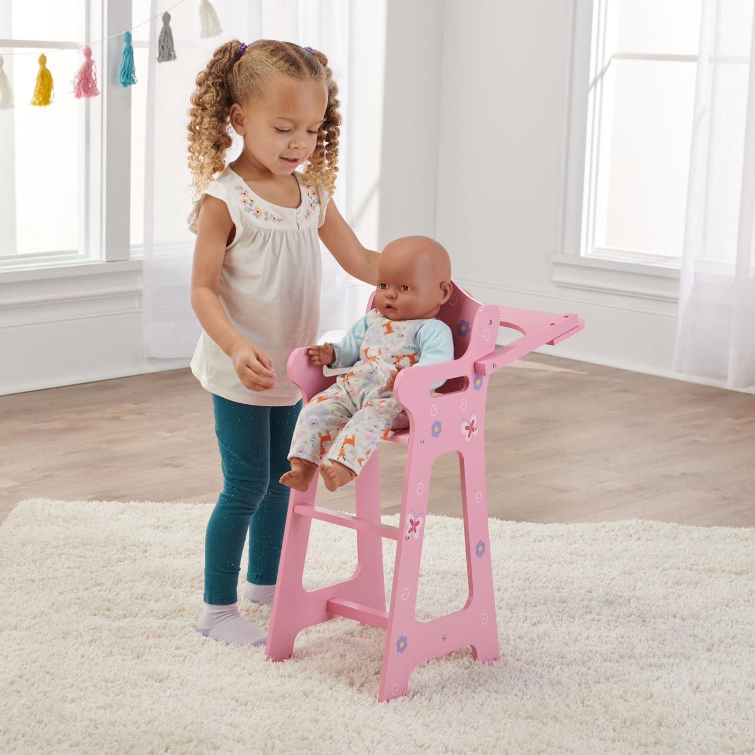 Badger Basket Blossoms and Butterflies Doll High Chair for 18 Inch Dolls – Adjustable Tray for Mealtime Play