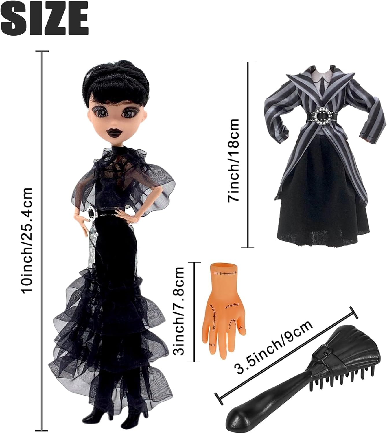 9'' Addams Doll with Gift Box, High Heels, Black Dress, and Hair, Perfect Christmas and Birthdays Toy Gift for Girls & Fans(New A)