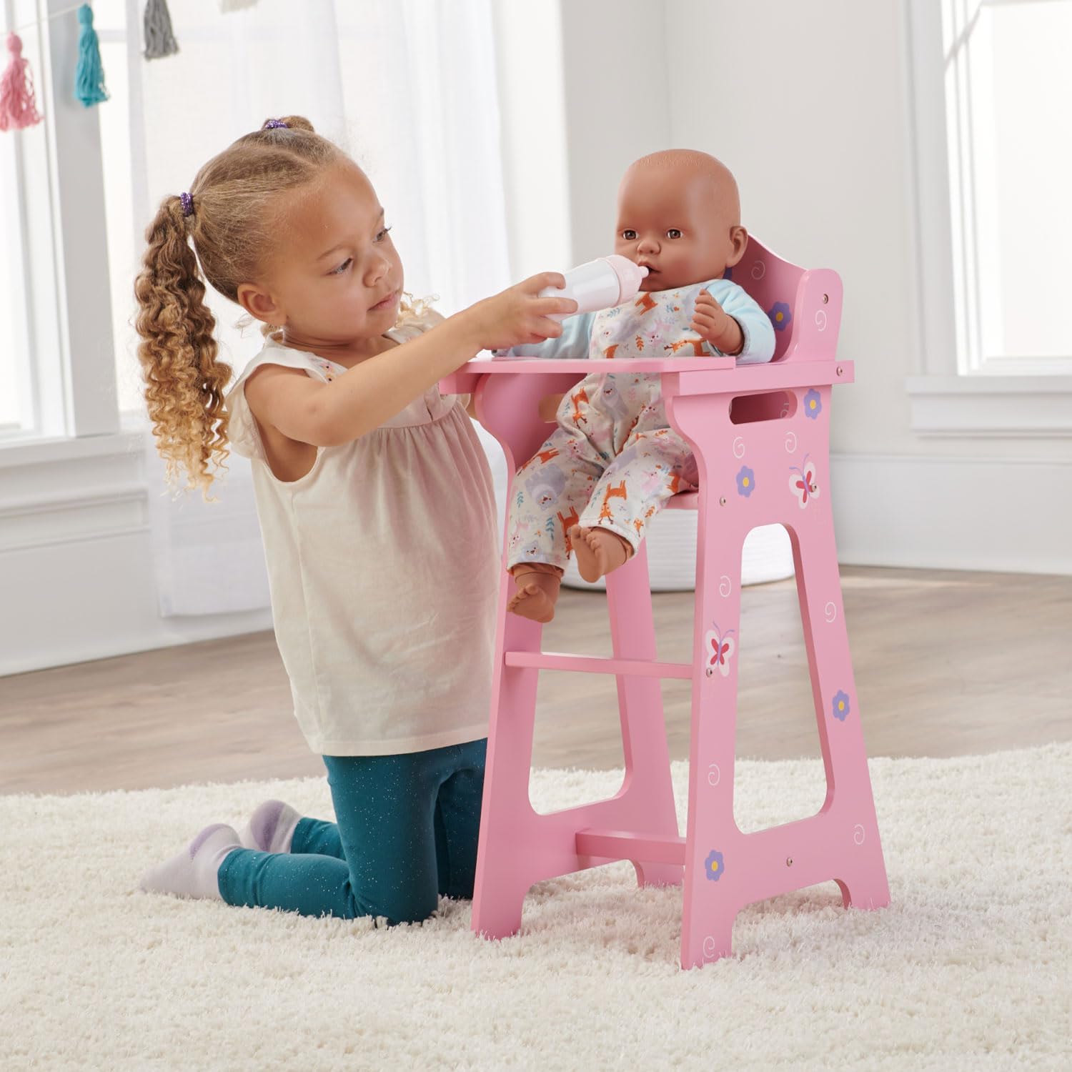 Badger Basket Blossoms and Butterflies Doll High Chair for 18 Inch Dolls – Adjustable Tray for Mealtime Play