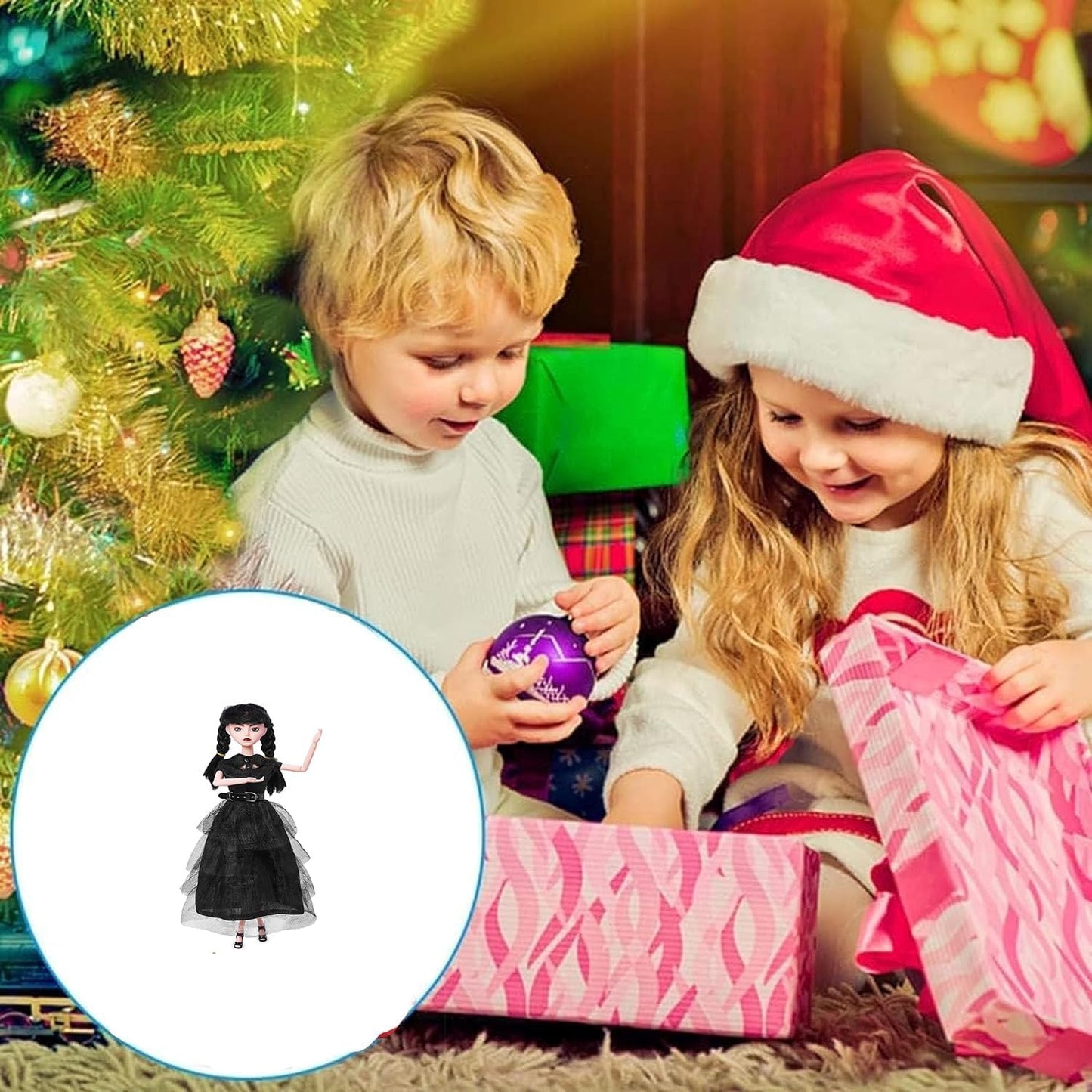 Girls Doll in Gift Box with Black Dress, 11.5 Inch Doll with Hand, High Heels, Black Hair, Gift for Kids & Fans